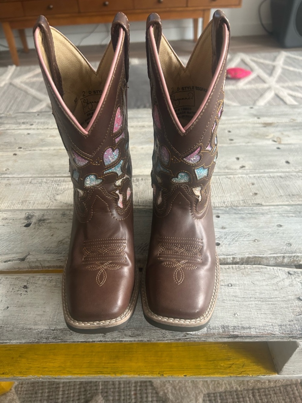 Shyanne Brown Kids Western Boots with Pink & Blue Heart Inlays